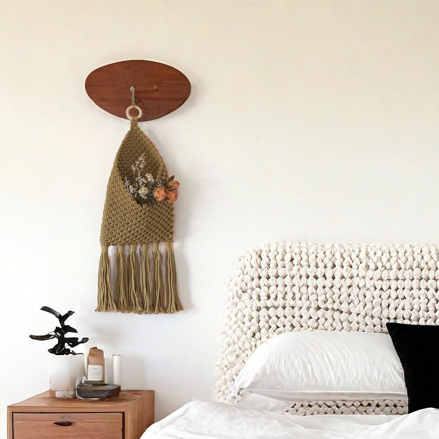 D-werack Macrame Mail Organizer Wall Mounted, Hanging Woven Basket for Boho Home Office Decor, Over the Door Key and Mail Letter Envelope Holder for Entryway Hallway, Olive Green
