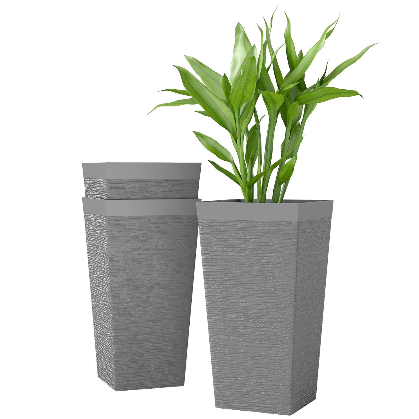 Outsunny 22.8 Inch Tall Planters for Outdoor Plants, Set of 3 Plastic Flower Pots with Stone Finish and Wheels, Stackable Tapered Planters with Drainage Hole for Indoor Plants, Front Porch, Gray