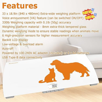Digital Weighing Scale for Dogs Cats Puppies, Vet Scale, Scale for Animals Pets, 330lb x 0.1lb, Veterinary Scale, 33 x 19in Wide Platform, 8mm Tempered-Glass