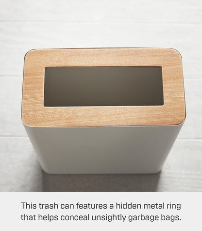 YAMAZAKI Home Rin Trash Can - Small Modern Home Wastebasket for Bathroom Kitchen Office - Steel + Wood