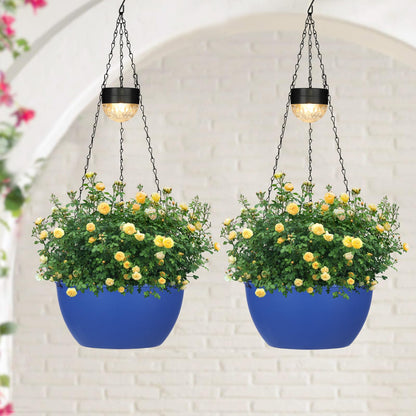 SUNNYPARK 2 Packs Hanging Planters Basket for Outdoor Plants, Solar Powered Self Watering Blue Round Plastic Flower Pots with Drainer for Balcony Patio Garden Outdoor Decoration