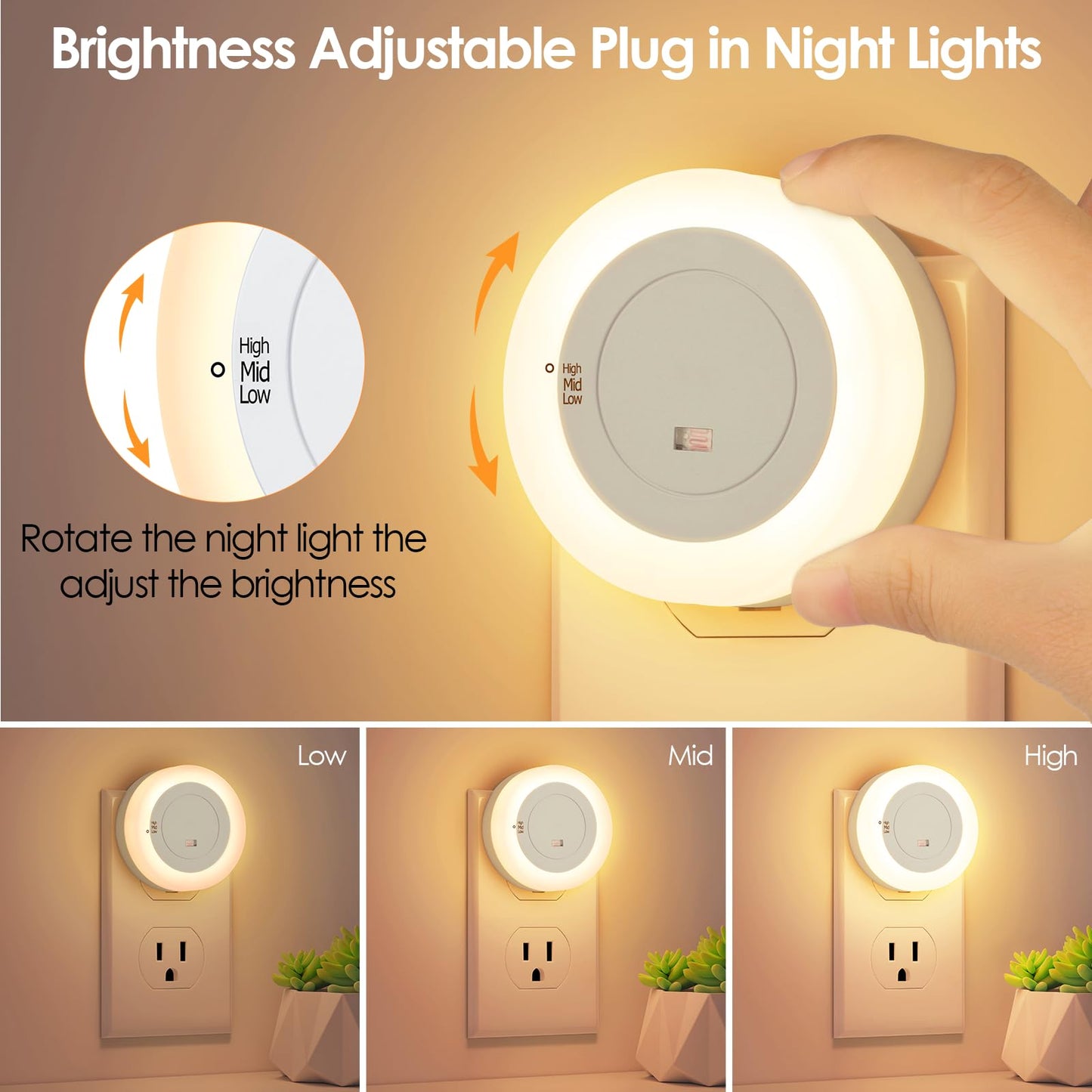 FOLKSMATE LED Night Lights Plug in, Dimmable Nightlight Plug Into Wall with Light Sensor, Soft White Adjustable for Adults, Bedroom, Bathroom, 2-Pack