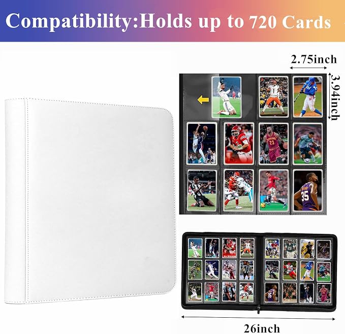 12 Pocket Card Binder, 720 Pockets PU Leather Zipper Trading Card Collection Album, Side-Loading Card Storage Folders for MTG, TCG, Game/Sport Crads (White, 12 Pockets)
