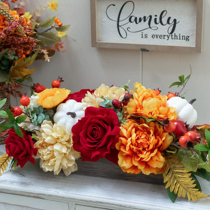 PureCosy Fall Centerpiece for Table, Handmade Realistic Silk Floral Arrangement with Peonies, Roses, Berries & Foam Pumpkins Thanksgiving Centerpiece and Autumn Harvest Table Decor for Dining Table