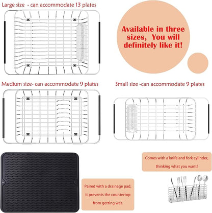 NiuYichee Stainless Steel Dish Drying Rack(14.2"L x 9.5"W x 4.1"H), Expandable Fruit & Vegetable Drain Rack over Sink, Dish Drainer Rack in Sink, with Stainless Steel Utensil Holder & 16" Silicone Mat