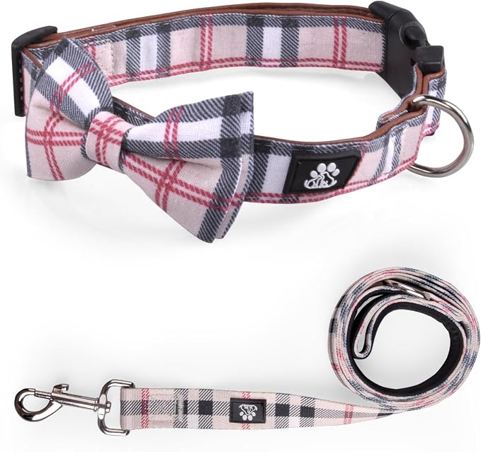 IVY&LANE Dog Collar with Bowtie and Leash Set | Plaid Adjustable Dog Collar | Detachable Bow Tie |5 FT Dog Leash | for Small Medium Large Dogs | Checkered Beige | Large