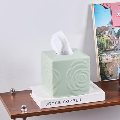Light Green Ceramic Cube Tissue Box Cover with Rose – Large Elegant Rose Floral Square Decorative Tissue Box Holder for Bathroom, Bedroom, Office Desk, Kitchen Counter – Perfect Housewarming Gift