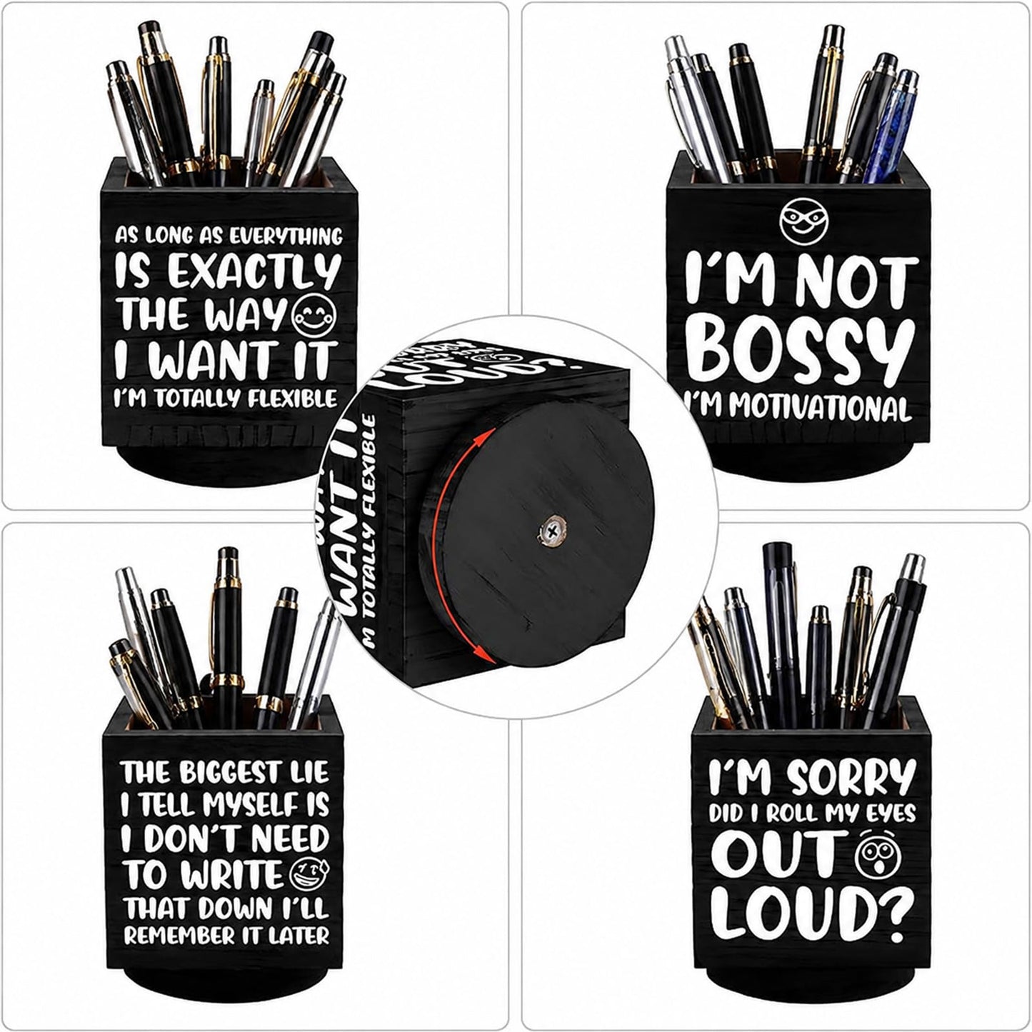 Outus Funny Coworker Gift Pen Holder for Desk, Sarcastic Office Desk Decor, Rotating Wooden Pencil Holder, Funny Office Gift for Women Men Boss Coworkers (Black)