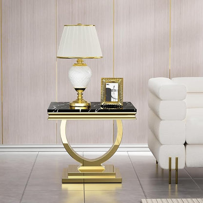 4 Piece Living Room Table Set Include 1 Faux Marble Coffee Table & 2 End Tables & 1 Console Table, Modern Black Gold Coffee Table Set of 4 with Double O Shape Stainless Steel Pedestal Base