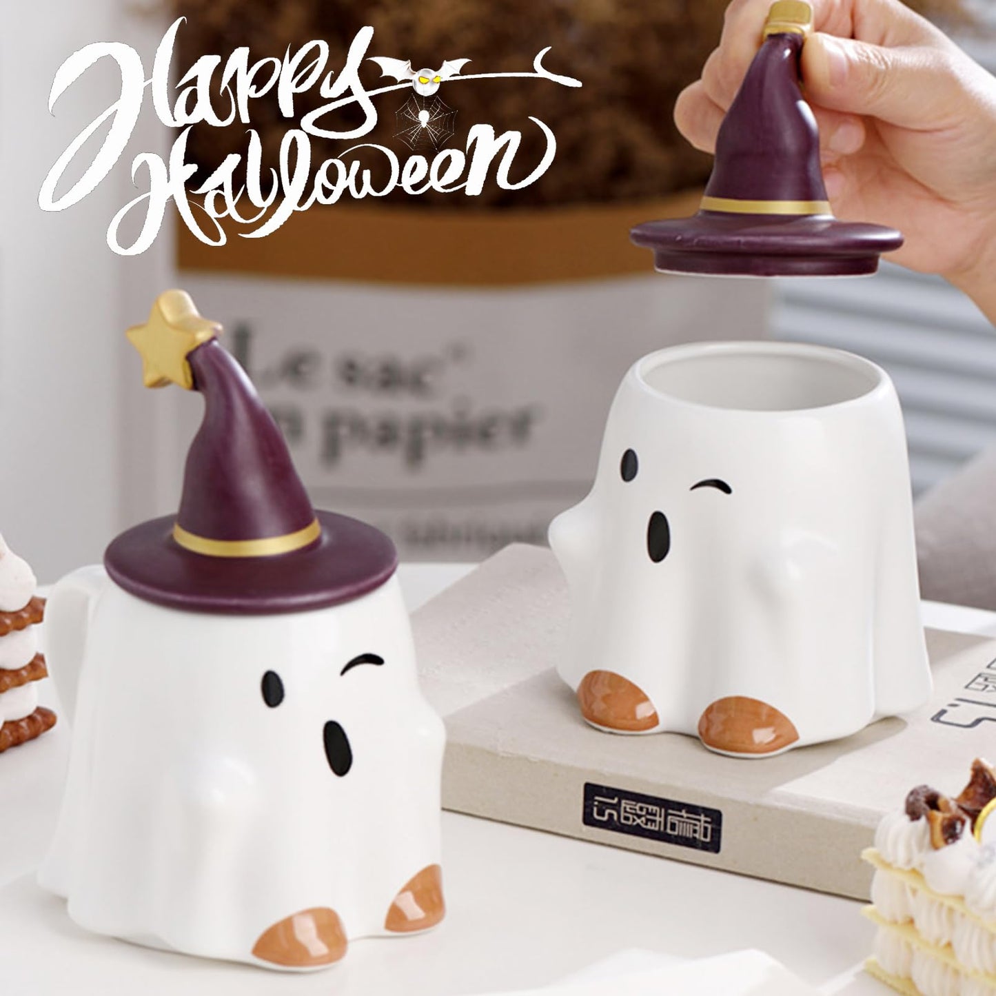 J.Ehonace Spooky Ghost Ceramic Coffee Mug 16oz – Adorable Halloween Design with Witch Hat & Stars – Microwave/Dishwasher Safe – Festive Home Decor & Holiday Coffee Cup