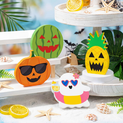 Kathfly 4 Pcs Summer Tiered Tray Decor Tropical Wooden Table Signs Spring Hawaii Ghost Pumpkin Watermelon Pineapple Decorative Trays for Halloween in Summer Shelf Desk Display Party Gifts
