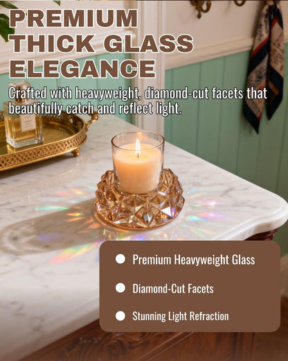 Loyipu Small Geometric 4in Glass Candle Holder – Crystal Tealight Dish & Mini Candle Tray for Small Scented Candles, Votives & Aroma Stones(Honey Amber-4in)