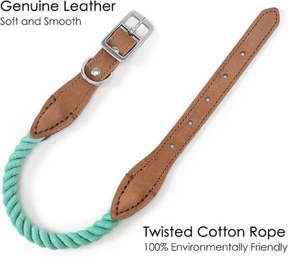 Mile High Life Genuine Leather Dog Collar, Durable Braided Cotton Rope Collar with Metal Pin Buckle for Small Medium Large Dogs (Green, S Neck 11"-15")