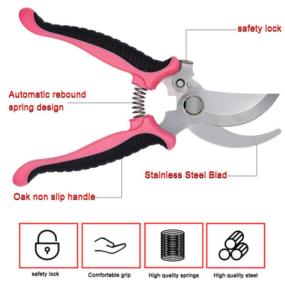 Pruning Shears Gardening Scissors Tools: 3pcs Outdoors&Indoor Garden Clippers, Rose Snips, Plant Clippers, Wood Pruner, Gardener Work Accessories for Flower Arrangement, Yard Landscaping (Pink)