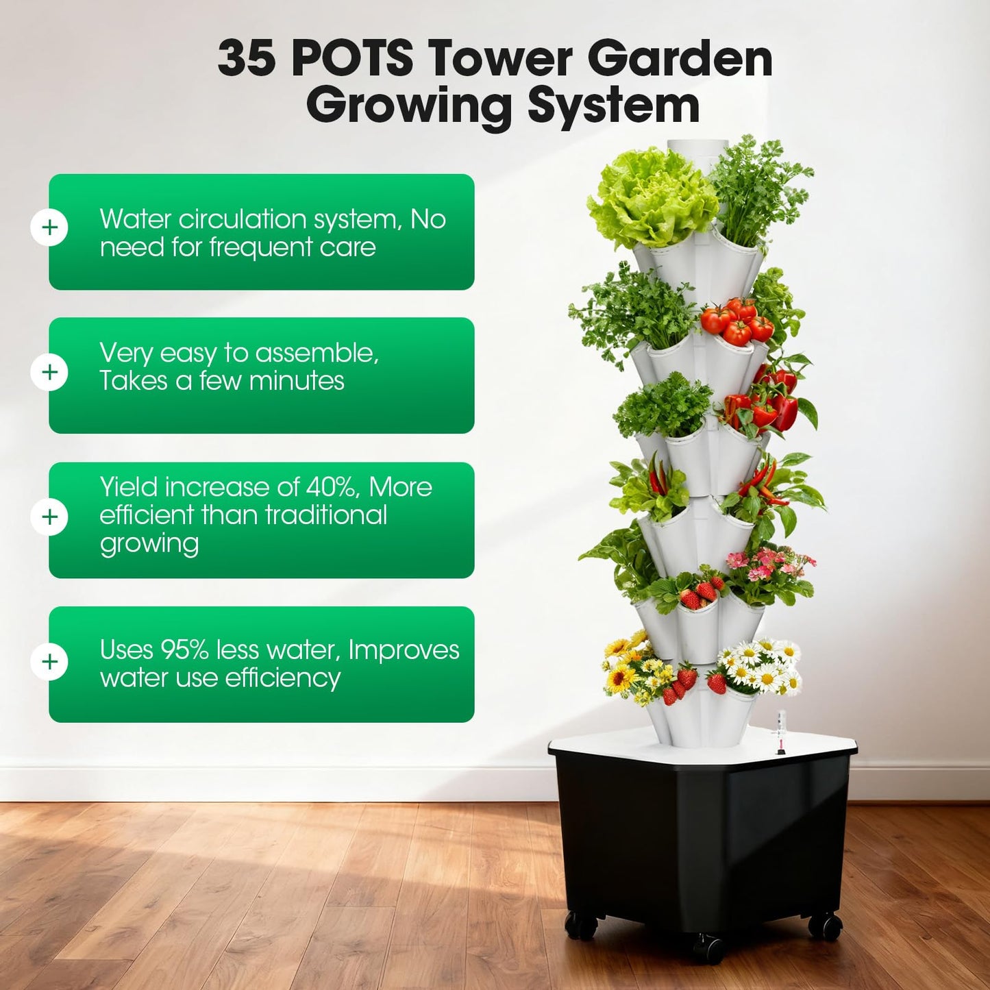 Vertical Hydroponic Tower,7Layer 35 Pods Tower Garden Growing System with 12V Water Pump& 24h Smart Timer,BPA-Free Modular Indoor/Outdoor for Hydroponic Gardening Lovers Planting Vegetables.45inch