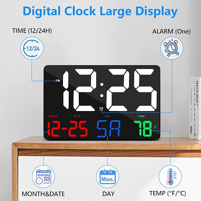 Digital Wall Clock,11.5" LED Digital Alarm Clock Large Display,with Remote Control,Adjustable Brightness, Calendar, Temperature, Snooze, 12/24 H, for Living Room, Office, Bedroom, Elderly, Adults Set