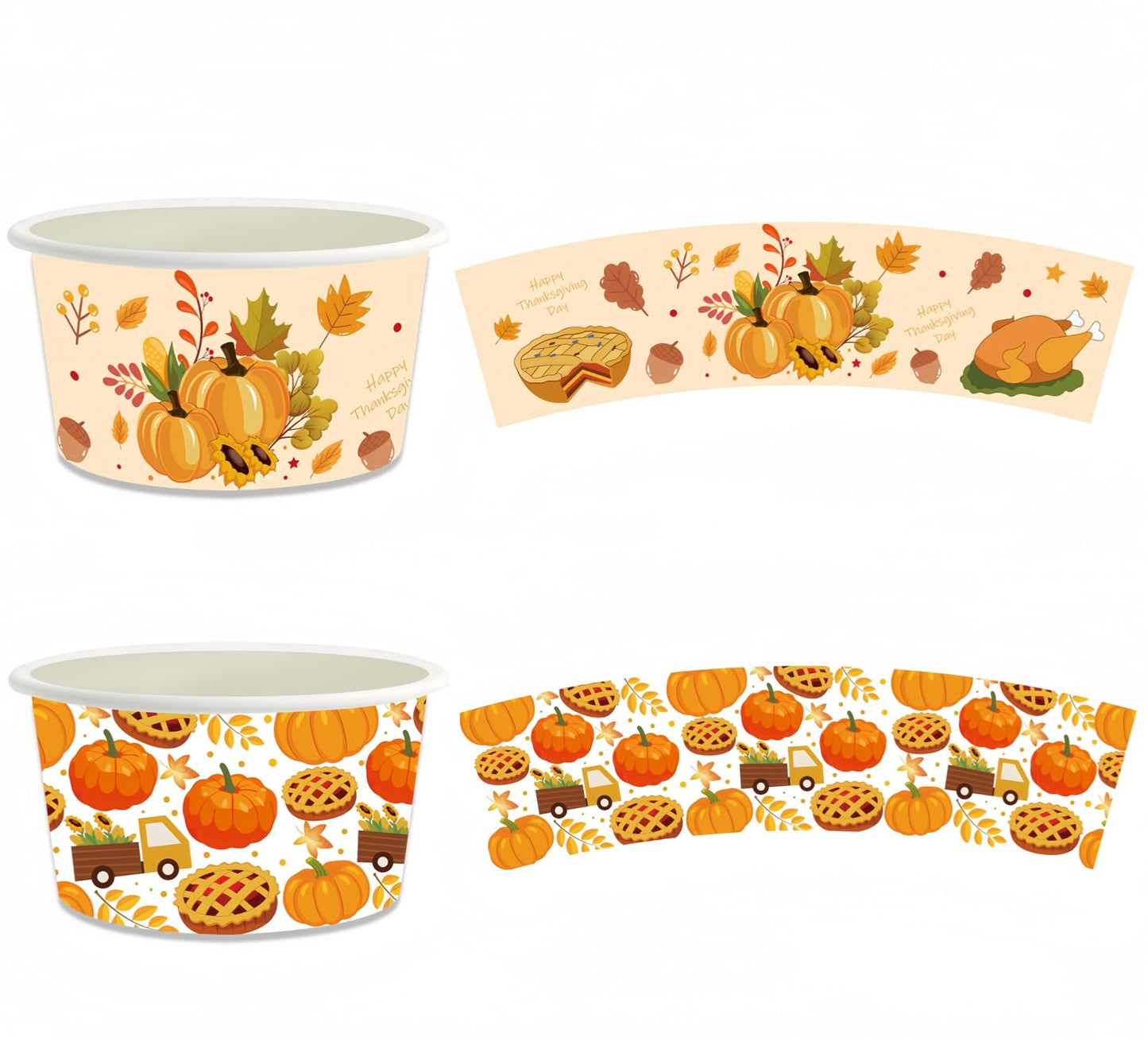 YVAINE 24pcs Thanksgiving Party Treat Snack Cups, Happy Thanksgiving Day Party Disposable Dessert Ice Cream Bowls Turkey Pumpkin Paper Dessert Soup Cup for give Thanks Party Supplies