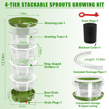 4-Tier Sprouts Growing Kit with Drain Hose & Ventilation Holes, Stackable Microgreens Growing Sprouting Trays Including Blackout Cover, Soil-Free Sprouter for Planting Broccoli Alfalfa Bean Seeds
