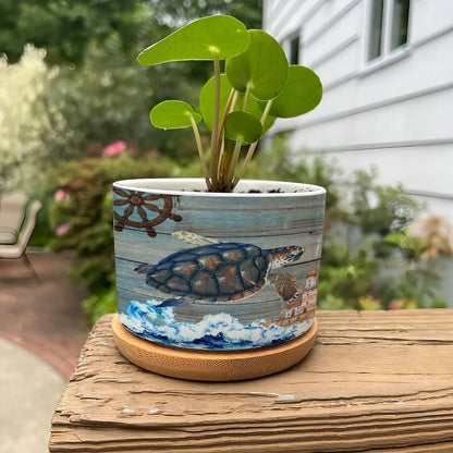 DreamAutumn Ocean Theme Sea Turtle Ceramic Pots for Plants with Drainage Holes Round Flower Pot Bamboo Tray Orchid Pot Succulents Pots for Outdoor Indoor Plants,Housewarming Gifts