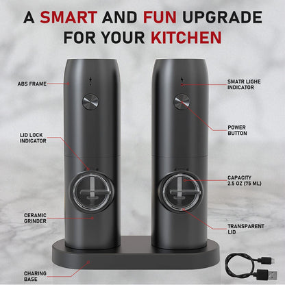 Electric Salt and Pepper Grinder Set of 2, Automatic Pepper Mill,USB Rechargeable, Adjustable Coarseness, One-handed Operation, Ceramic Burr,Refillable, Auto Grinders with Charging Base LED Light