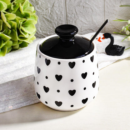 Cerficer Ceramic Sugar Bowl with Lid and Spoon, Decorative Sugar Jar for Coffee Bar, Cute Black Heart, Polka Dot Pattern or Salt Cellar, Modern Farmhouse Kitchen Decor