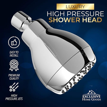High Pressure Shower Head - Powerful Deluxe Bathroom Showerhead with Strong Spray Stream and Small Silicone Nozzles - Universal Fit Works with High and Low Water Flow Showers (Chrome)-1.8 GPM