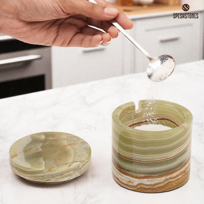SPESHSTONES Marble Salt Cellar Green Onyx 3 Inch Handmade Stone Salt Containers for Countertop, 5.2 oz Sugar Jar with Lid and Spoon, Salt Bowl, Marble Salt Holder to Store Table & Flaky Salt