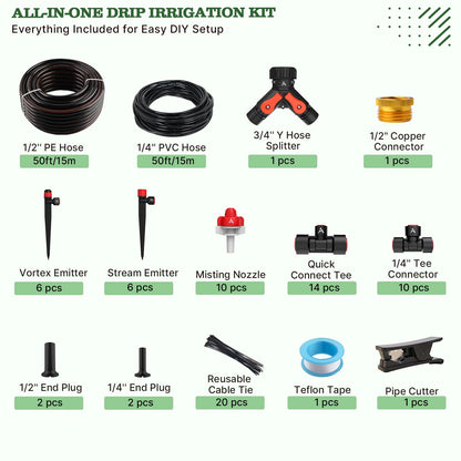 A ANLEOLIFE 100FT Drip Irrigation Kit, All-in-One Quick-Connect System with 1/2” Mainline + 1/4” Tubing, Y Splitter, 22 Adjustable Emitters & Nozzles for Raised Beds, Greenhouse, Vegetable Garden