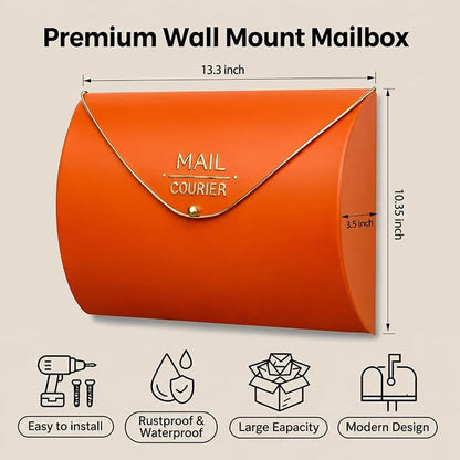 Orange Wall Mount Mailbox for Outside,Waterproof Metal Mailboxes with Rust-Proof Galvanized Steel,Large Capacity Envelope Mailbox for House,12.99 x 10.35 x 3.5 Inch
