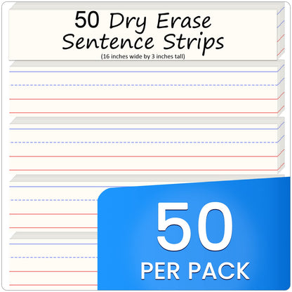 Godery 50 Pack Dry Erase Sentence Strips 16"X3" – Write and Wipe Away – Reusable Classroom Learning Tool for Your Standard Pocket Charts