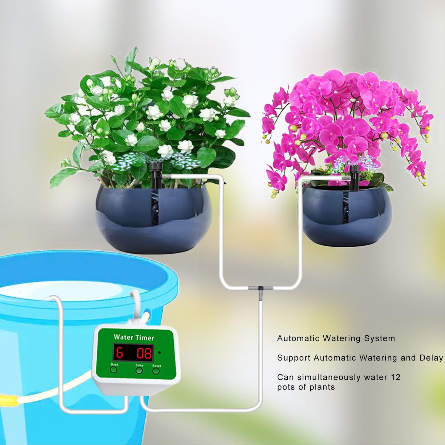 Automatic Plant Waterer Indoor, Potted Plant Drip Irrigation Kit for 12 Pots USB Rechargeable Flower with Tee Joints and Tubes