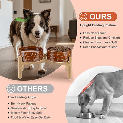 SPUNKYJUNKY Elevated Dog Bowls Ceramic, 7.3'' Dogs Food Water Bowls Raised with Non-Slip Bamboo Stand for Medium to Large Sized Breed Microwave Dishwasher Safe - 42 OZ,Skull Bronze