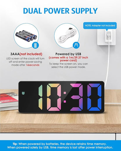 AMIR Digital Alarm Clock Large Display, LED Alarm for Bedroom, USB/Battery Powered Bedside Alarm Clock with Snooze, 12/24H, 3 Adjustable Brightness, Temperature, Desk Clock for Home, Office, Colorful