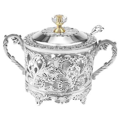 LCJAOF Glass Sugar Bowl with Lid and Spoon Vintage Kitchen Food Canister Condiment Pot Storage Jar Seasoning Containers for Home Restaurant Kitchen（Silver）
