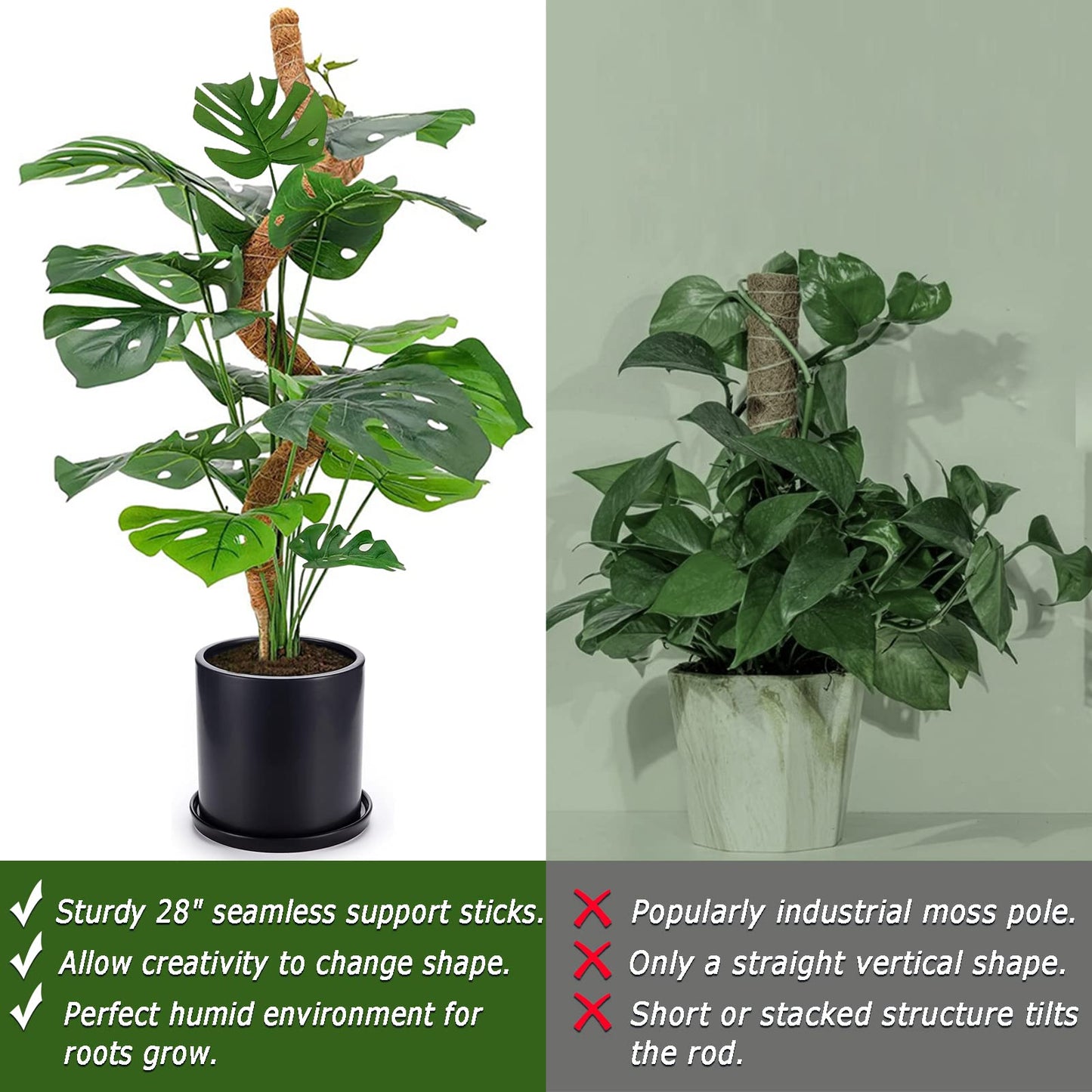Soupiar 2-Pack 28" Bendable Moss Pole for Monstera, Rust-Free Aluminum Core Plant Support Stakes, Sturdy Stakes to Train & Grow Indoor Climbing Plants Upright (13.2ft Jute Rope Included)