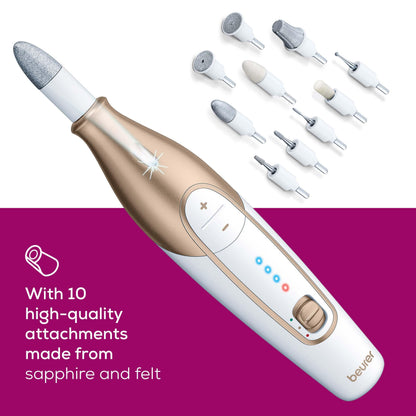 Beurer MP64 Nail Drill Kit, Cordless Electric Nail File with 10 Attachments and LED Light, Electric Manicure Set with Adjustable Speed, E-File for Manicure and Pedicure, with Storage Case