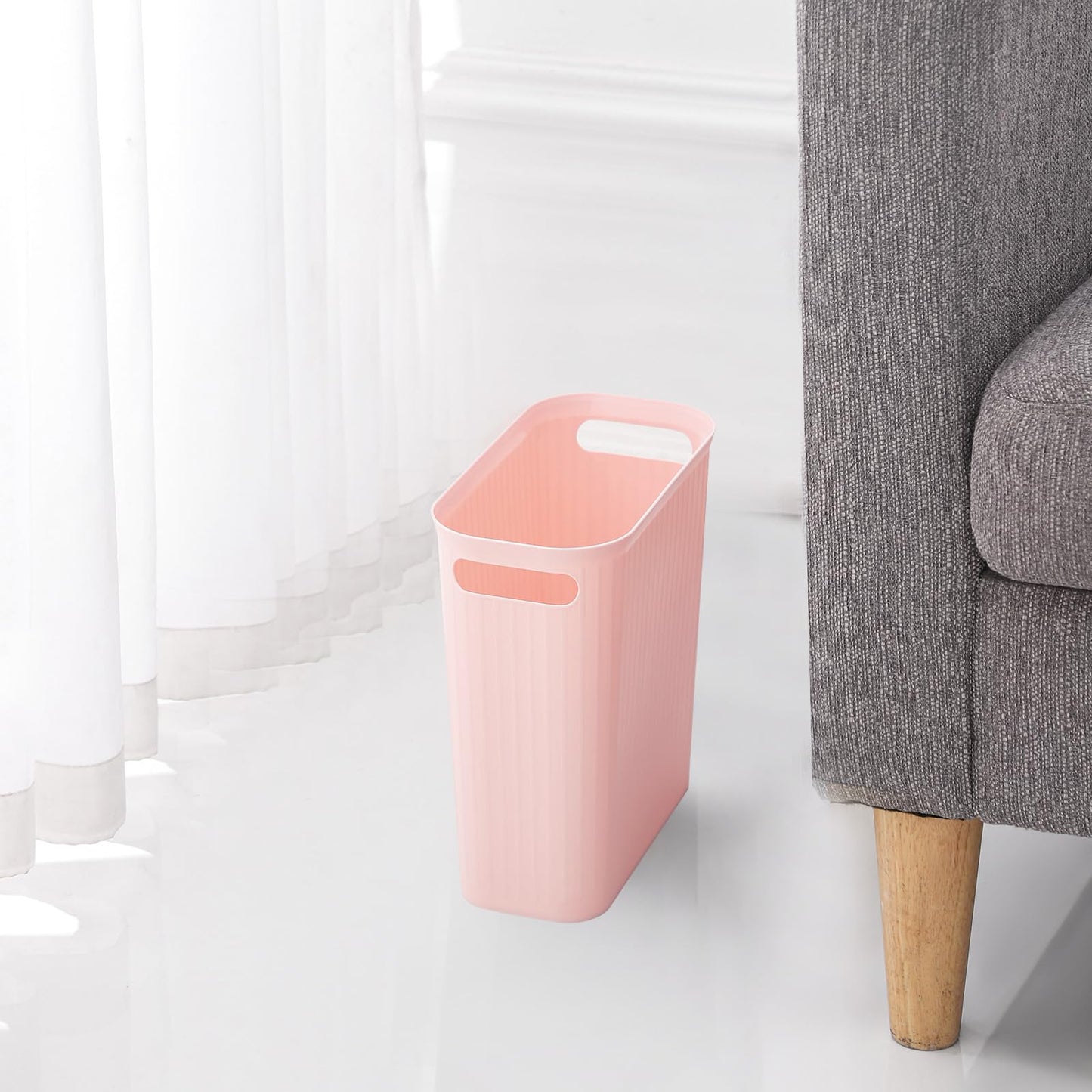 rejomiik Small Trash Can, 3.5 Gallon Garbage Can Slim Waste Basket Plastic Trash Bin Container with Handles for Bathroom, Bedroom, Office, Home, Dorm Room, Kitchen, Rectangular, Rosette Pink