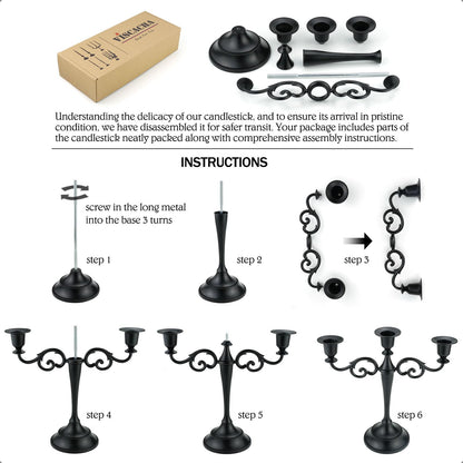 Viscacha 3 Candle Metal Candelabra Candlesticks Holder for Formal Events, Wedding, Church, Holiday Décor, Halloween Taper Candle Holder Stand Centerpiece Elegant Decoration Piece for Table, Black