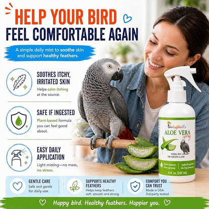 UnRuffledRx Aloe Vera Bird Spray for All Birds – Soothes Itchy Skin & Feather Plucking – 8oz Odor-Free Mist, Safe if Ingested, Daily Use Bird Mist, Softens Feathers, Natural Formula – Made in USA