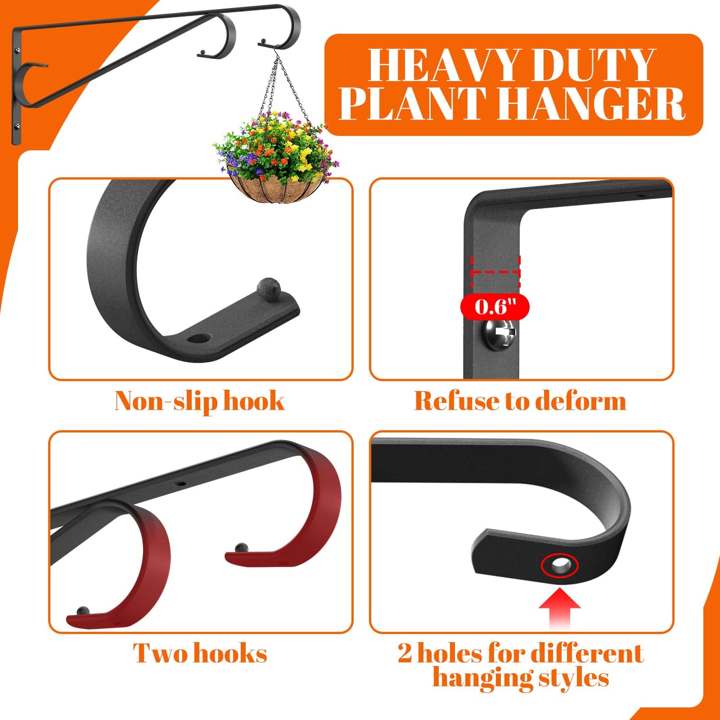 Hystun Plant Hangers Outdoor (2 Pack-15.5 Inch Black) Plant Hooks Heavy Duty Iron Plant Hanger Hook for Wall, Hanging Plant Bracket for Planters, Bird Feeders, Lanterns, Wind Chimes, Outdoor