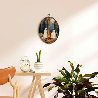 EGVQK Cute Halloween Ghost Oval Wall Art Decor, Dark Academia Framed Canvas Prints Wall Art, Ghost Toasted Marshmallow Oval Canvas Hanging Decor for Halloween Decorations Indoor Living Room,8.5x11.5in