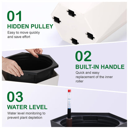 GAOMON 22.5" Tall Planters Set of 2, Self-Watering Diamond Planter Pots with Water Level Monitor and Wheels, Plant Pots Outdoor and Indoor for Room & Office Décor, Garden, Patio, White