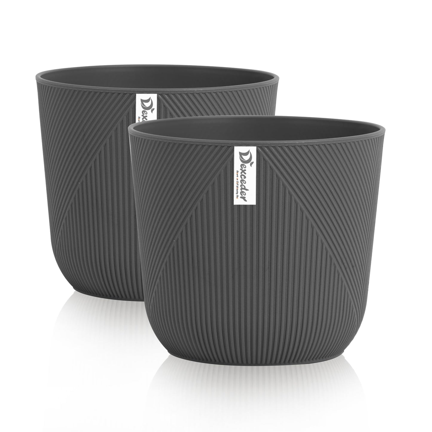 Dexceder 10x9 Striped Table Flower Plant Pot with Drainage Hole & Removable Plug (2 Pack, Deep Gray)