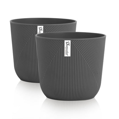 Dexceder 10x9 Striped Table Flower Plant Pot with Drainage Hole & Removable Plug (2 Pack, Deep Gray)