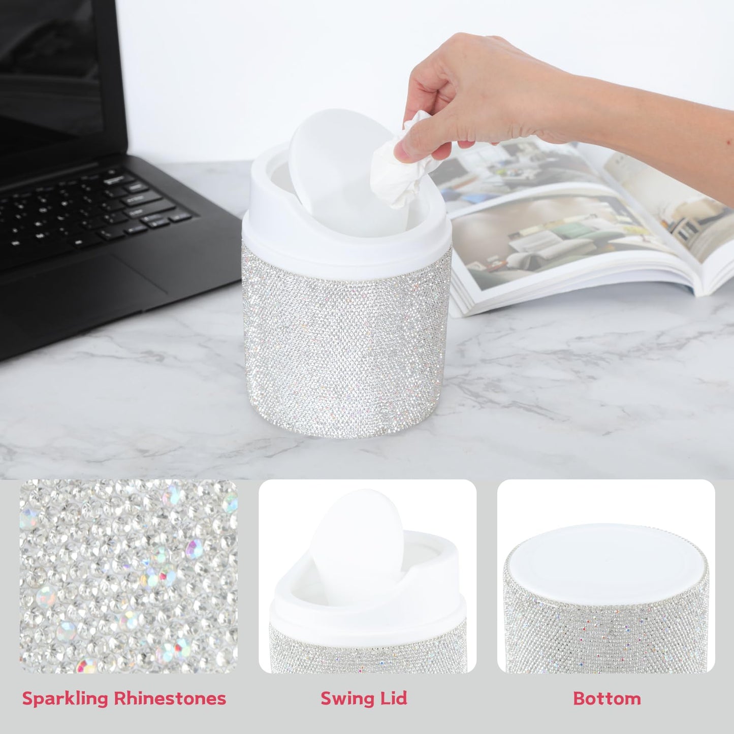 KEYPOWER Bling Rhinestone Mini Plastic Trash Can Cute Small Waste Can with Swing Lid,Suitable for Home Countertop,Car,Table Desk,Office (White)
