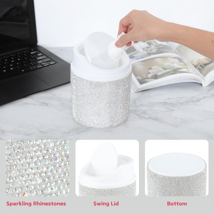 KEYPOWER Bling Rhinestone Mini Plastic Trash Can Cute Small Waste Can with Swing Lid,Suitable for Home Countertop,Car,Table Desk,Office (White)