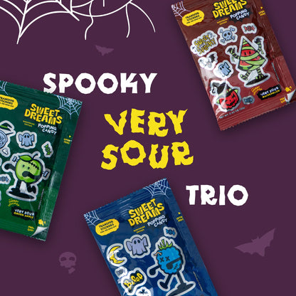Sweet Dreams Popping Candy | Spooky Ghost Shaped Lollipop with Very Sour Dip Pouches, and Stickers | Display Pack, 12 Bags (3 pouches in each)- 36 Total Pouches