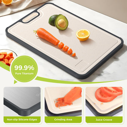 Titanium Cutting Board for Kitchen, Cutting Board Double Sided Food Grade, Pure Titanium and Wheat Straw PP, Dishwasher Safe Easy to Clean Large Size 16”×11”