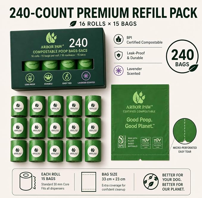 Arbor Paw Compostable Dog Waste Bags, BPI Certified ASTM D6400, Extra Thick 20 Micron, Lavender Scented, 240 Bags (16 Rolls × 15)