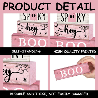 Lineshading 4 Pcs Pink Halloween Decor Ghost Table Decorations Halloween Tiered Tray Decor Farmhouse Ghost Tabletop Centerpiece Rustic Pink Block Sign Gift for Home Kitchen Shelf Office Mantel